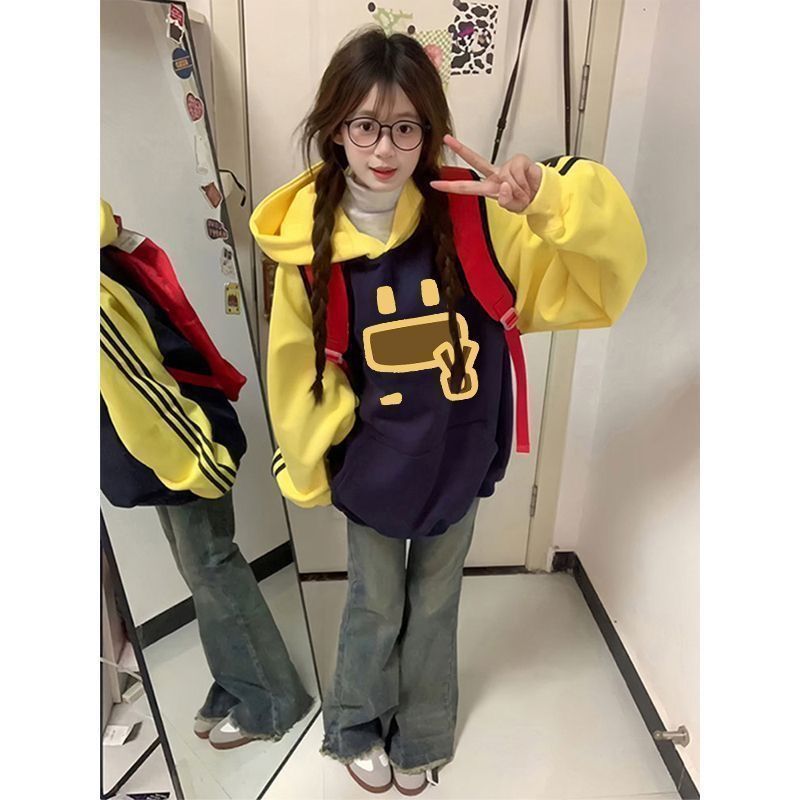 国潮美式撞色条纹印花连帽卫衣女秋冬新款宽松情侣设计感上衣外套|undefined