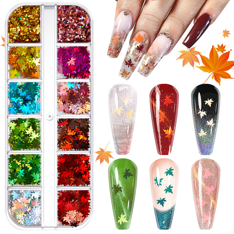 Cross-border maple leaf nail art sequins laser ultra-thin autumn leaf nail glitter patch flow hemp DIY handmade materials