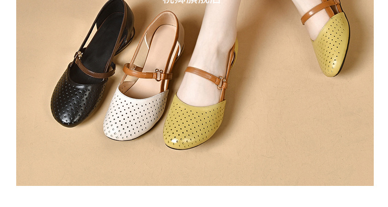 Sandal nữ da thật mũi tròn gót vuông đế mềm khoét lỗ hè — Màu đen chi tiết 25