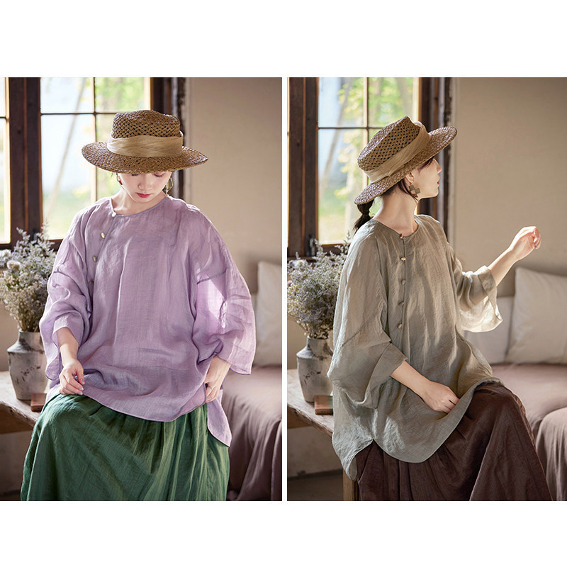 Summer New Style Retro Two-Tone Ramie Light Purple Gray-Green Lightweight Comfortable Chinese-Style Diagonal-Collar Shirt