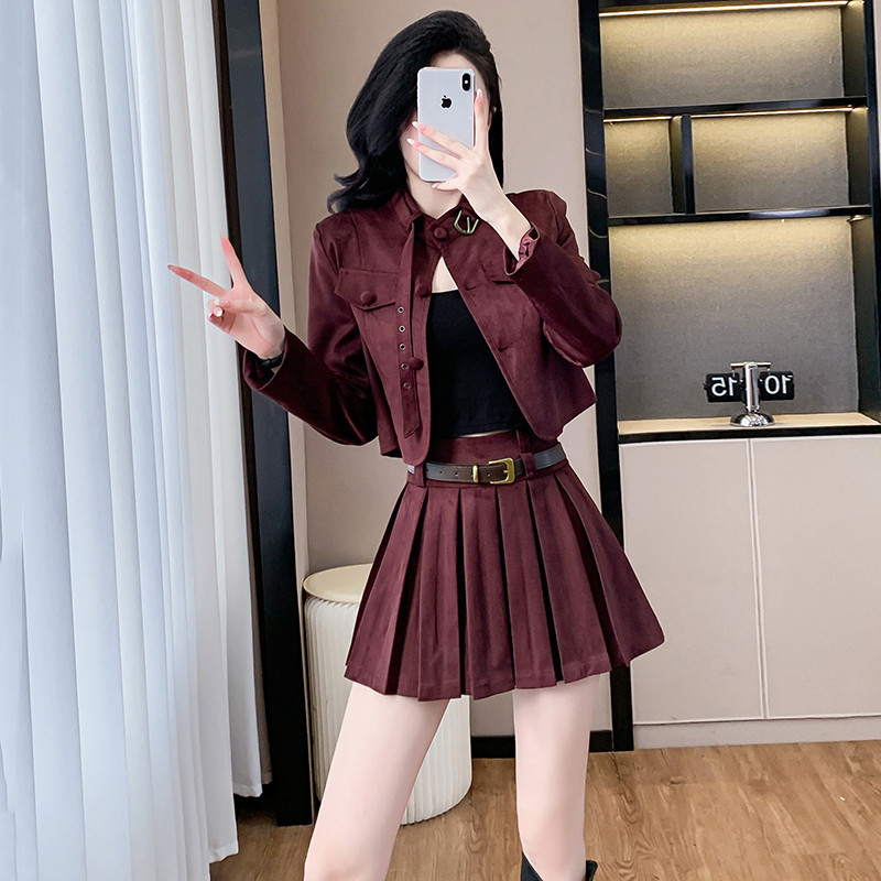 W2F美式复古麂皮绒夹克短外套百褶裙两件套2024秋季流行美拉德套|undefined