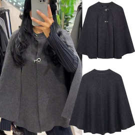 跨境女装秋季新款欧美时尚气质百搭高级纯色圆领斗篷设计针织外套