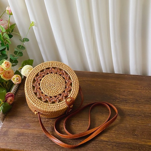Vietnamese Rattan Round Woven Shoulder Crossbody Storage Bag for Women, Grass Weaving Bag for Travel, Beach and Sand