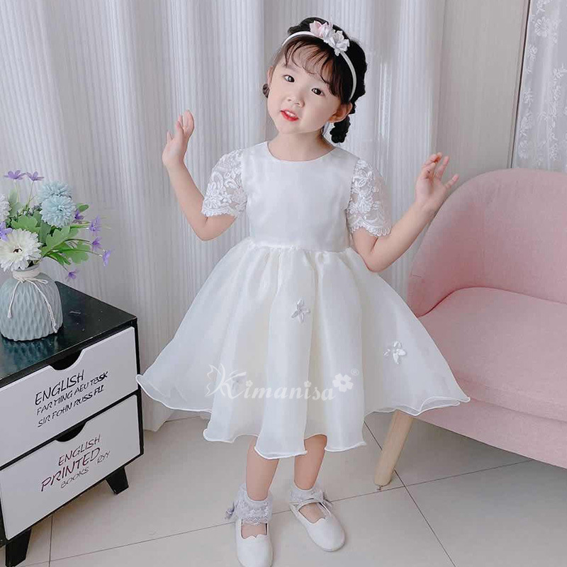Trendy Girls' Puffy Princess Dress Jacquard Bow Dress Flower Girl Round Neck Short-Sleeved Dress for Young Children