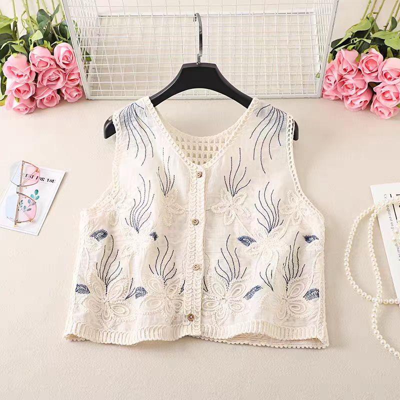 Hollow Jacquard Knitted Vest Vest for Women Spring and Summer Outer Wear Retro Embroidered Cardigan Sleeveless Waistcoat Versatile Top