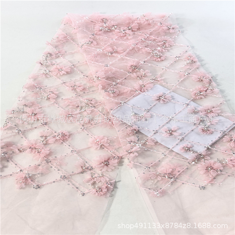 Primavera y verano espectáculo de belleza de ropa de mujer vestido de cabina bordado tela de encaje de tela de malla de lenteja de flores image 1