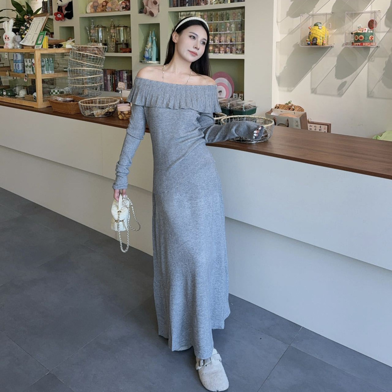 原版设计正品一字肩针织衫套装女时尚纯欲宽松百搭褶皱毛衣半身裙|undefined