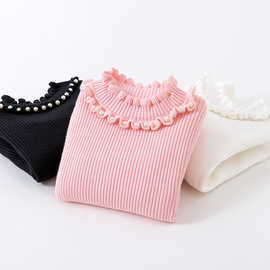 女童毛衣冬装加绒珍珠荷叶半高领毛衣中大童百搭纯色打底针织衫