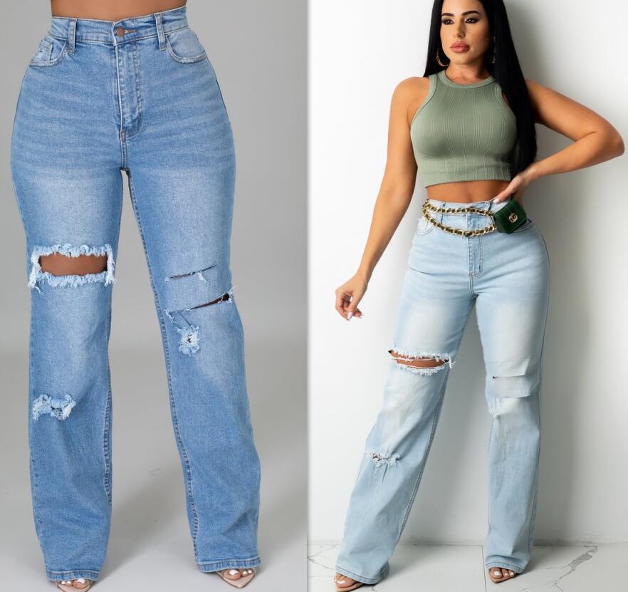 Stretchy ripped loose jeans flared trous...