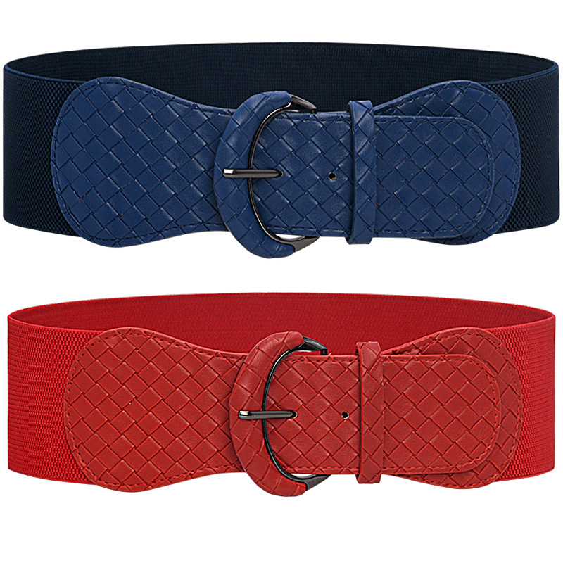 Hebilla de cuero Plaid cinturón ancho de moda de las mujeres cinturón decorativo vestido abrigo elástico vinculante cintura sello