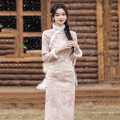【Bestselling Style】Pink Fleece Lined and Thick Winter Dress, Chinese Style Long Modified Cheongsam for Young Women, Retro Long-Sleeved