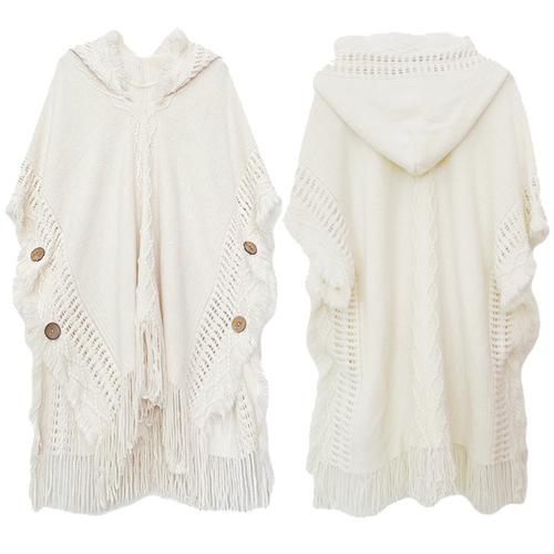 Button shawl bohemian tassel sweater knitted sweater Yunnan Qinghai travel pullover hooded cloak spring and autumn women