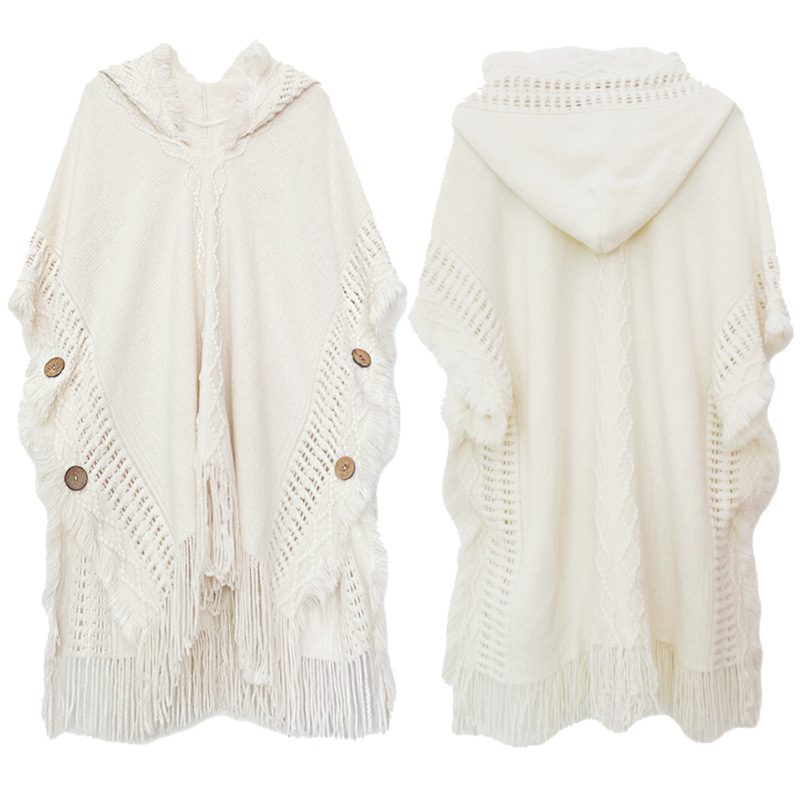 Button Shawl Bohemian Tassel Sweater Knitwear Yunnan Qinghai Tourist Pullover Hooded Cape Spring and Autumn Women