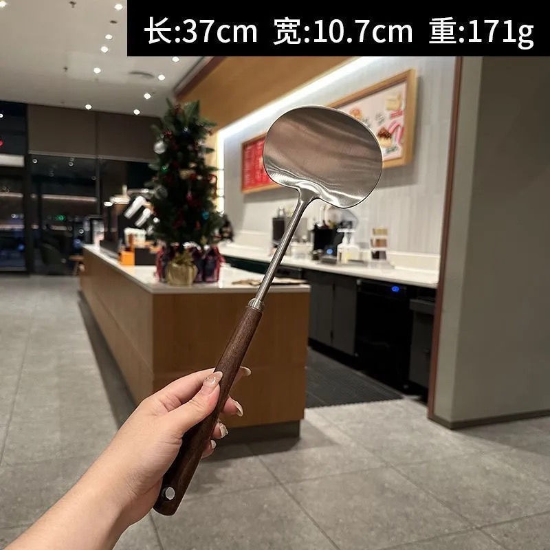 不锈钢胡桃木蘑菇铲长柄炒菜勺厨房贵州炒勺汤勺家用厨具锅铲|undefined
