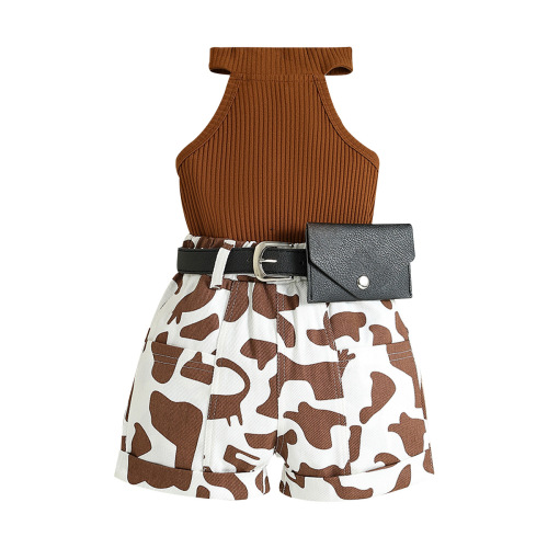 New style children's clothing for export trade, summer clothes for girls, ins, summer set for girls, strapless shirt with stripes, shorts, waist bag, 2-piece set 