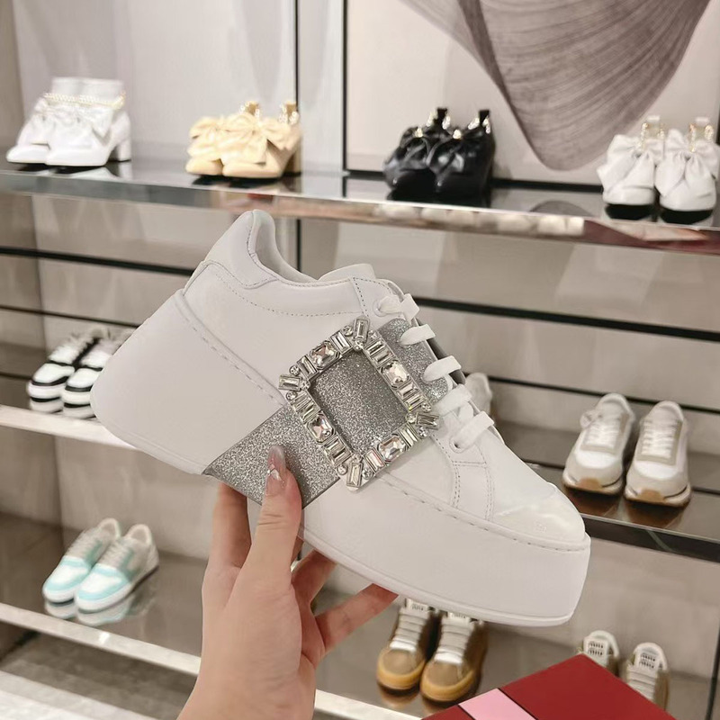 24 Super High 7cm Height Increasing White Shoes Thick-Soled Genuine Leather Casual Sports Sneakers Rhinestone Square Buckle Color Matching Export Women's Shoes