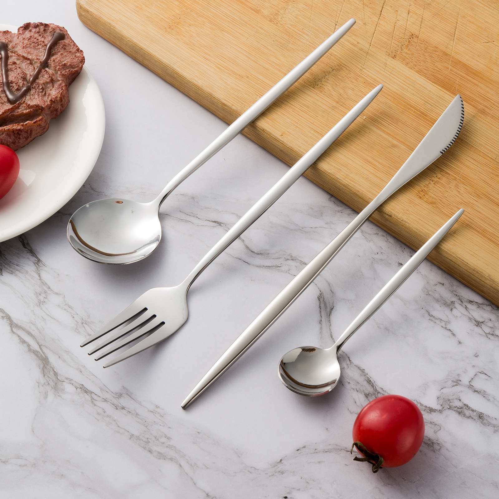 샌딩 포르투갈 수저 나이프와 포크 스푼 4 종 세트 스테인레스 스푼 스테이크 나이프와 포크 얇은 젖빛 커피 스푼과 포크