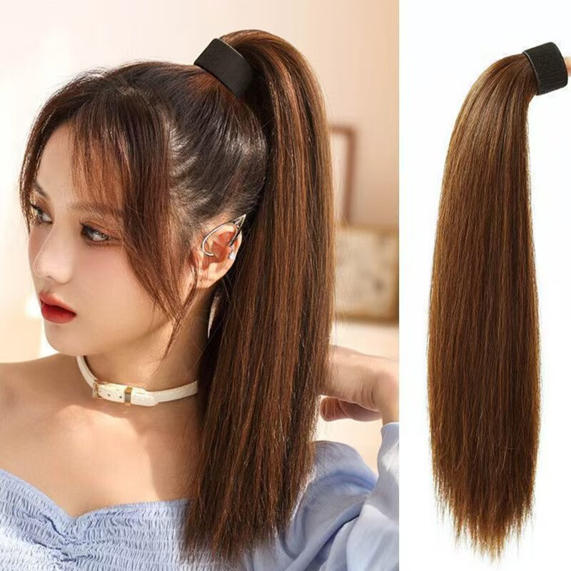 Wig Braided Ponytail for Women, Tie-On Ponytail High Braid, Realistic Long Straight Hair, Cross-Border Exclusive Side Wig