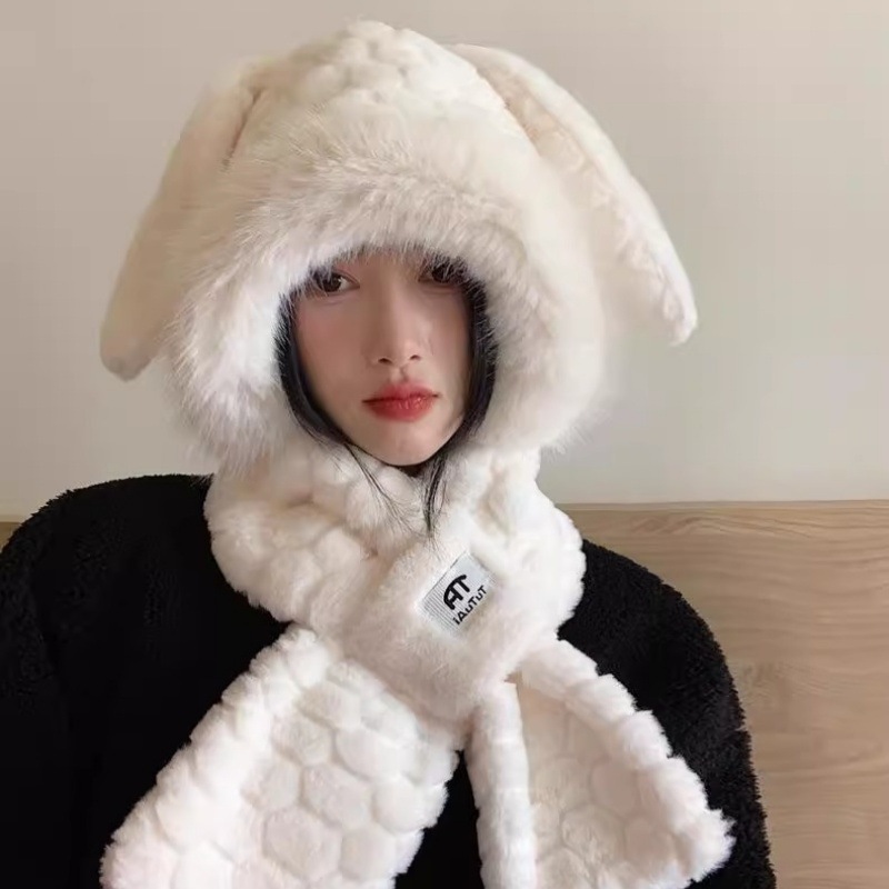 Cute Bunny Scarf Combo For Women Winter Korean Style Face Slimming Fleece Lined Thickened Plush Ear Protection Lei Feng_voghion.com