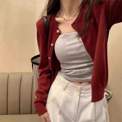 红色针织开衫早初秋女装新款2025外搭短款毛衣外套长袖上衣打底衫