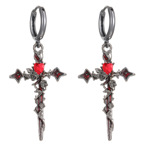 Dark Thorned Spikenard Rose Heart Cross Pendant Earrings for Women with Chain Rivets Punk Earrings for Men
