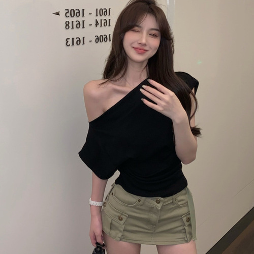 Sexy Lolita Pure Desire Design Slim-fit Short-sleeved T-shirt Women's Summer Short Off-shoulder Elegant Slimming Top Female Trendy T-shirt