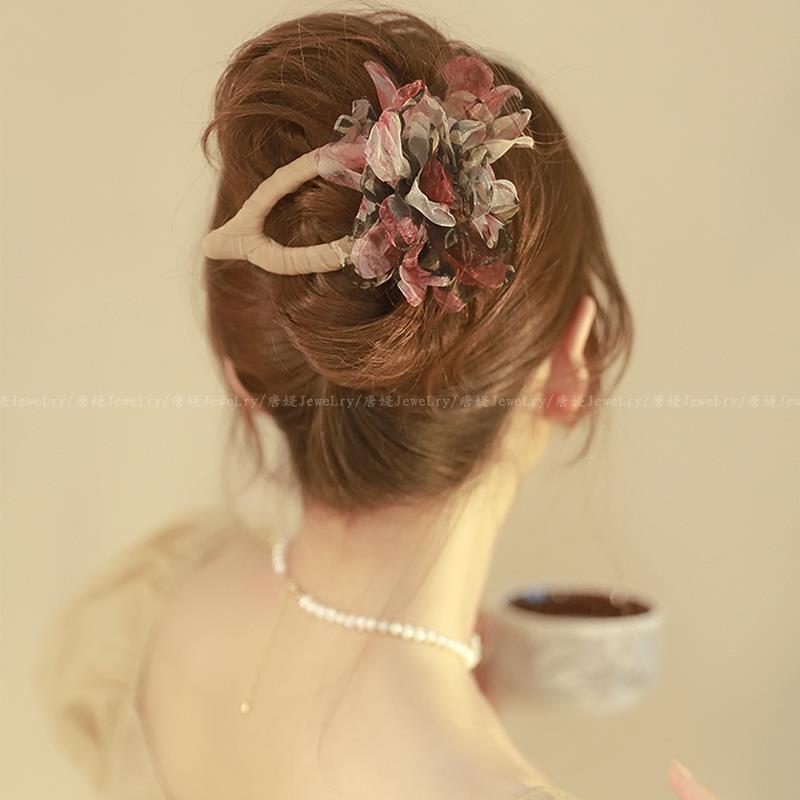 後頭部の髪の量の多い女性向けの春のガーゼフラワーダックビルヘアクリップ、ハイエンドトップクリップ、シャーククリップ|undefined