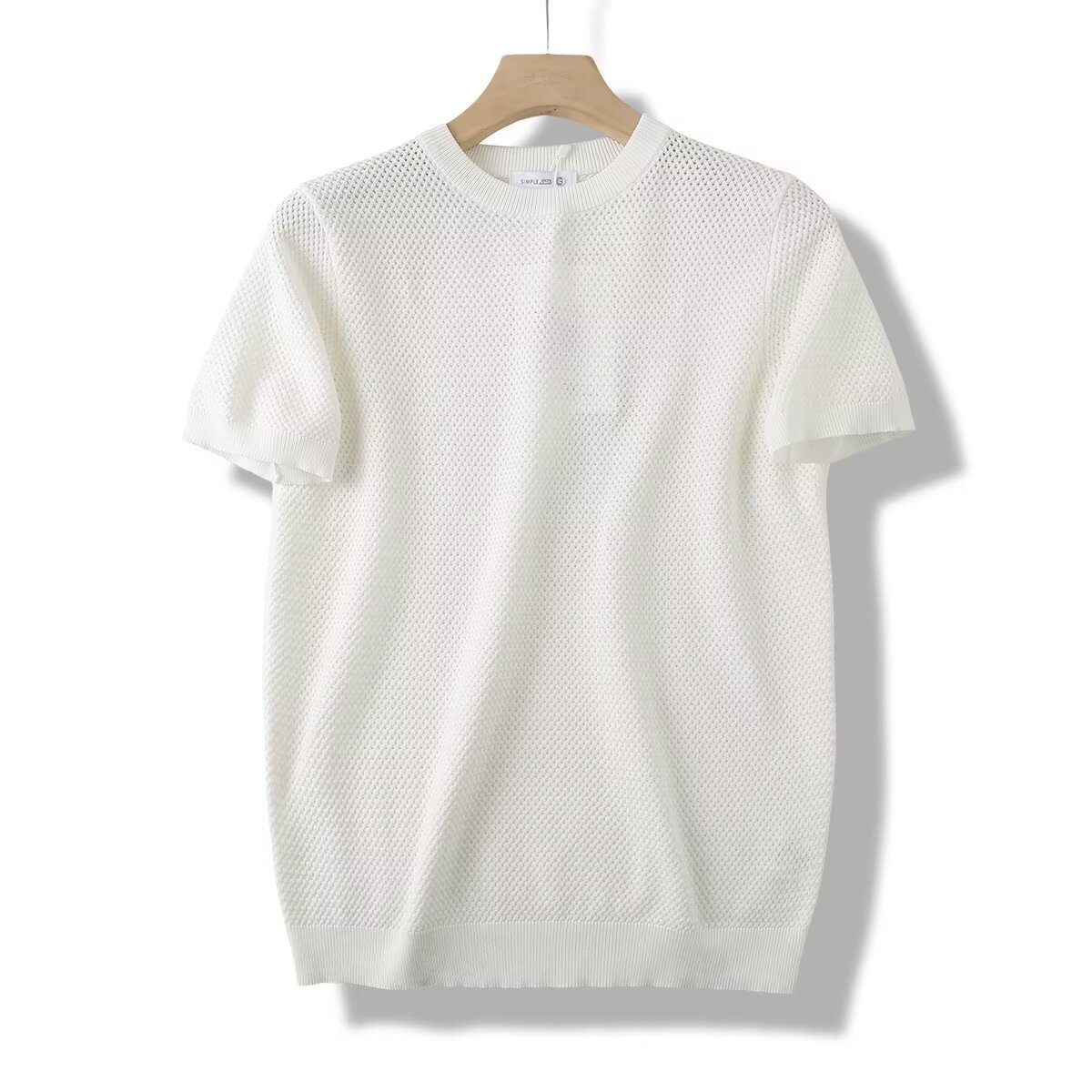 Men's Pineapple Knit T-Shirt – Breathable Textured Short Sleeve Top With Drop Shoulder & Retro Geometric Stripes (M-3XL)​_voghion.com