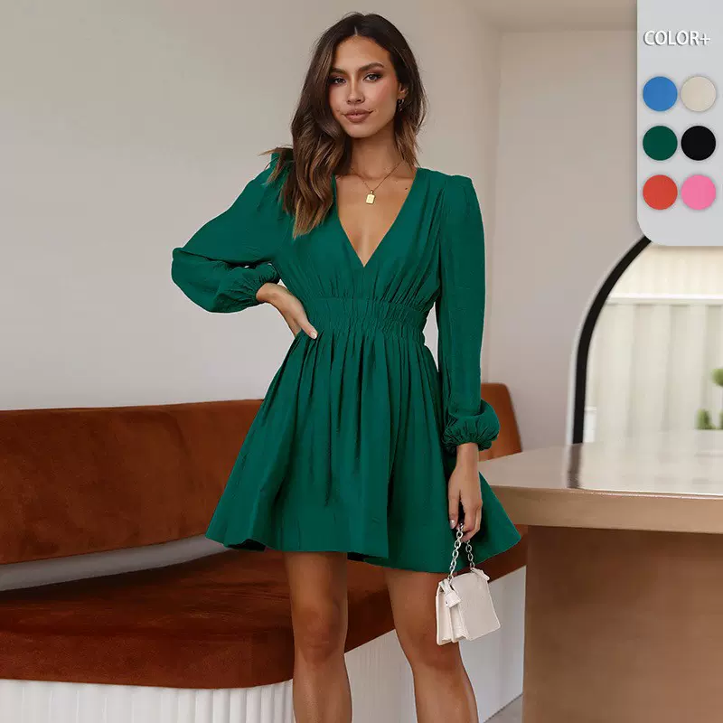 wish跨境热卖新款连衣裙 欧美女装V领优雅百褶裙荷叶边法式裙礼服