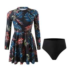 女欧美保守拉链热带雨林印花连体裙式三角裤运动冲浪长袖紧身泳衣