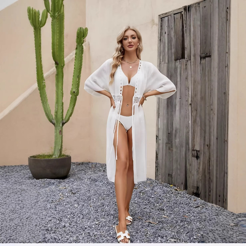 Customized Amazon Cross-Border Cardigan Lace Stitching Women's Seaside Beach Sunscreen Shirt Fashion Sunscreen Clothing Wholesale