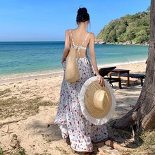 三亚泰国海岛度假甜美碎花长裙波西米亚拖地裙A字大摆露背沙滩裙