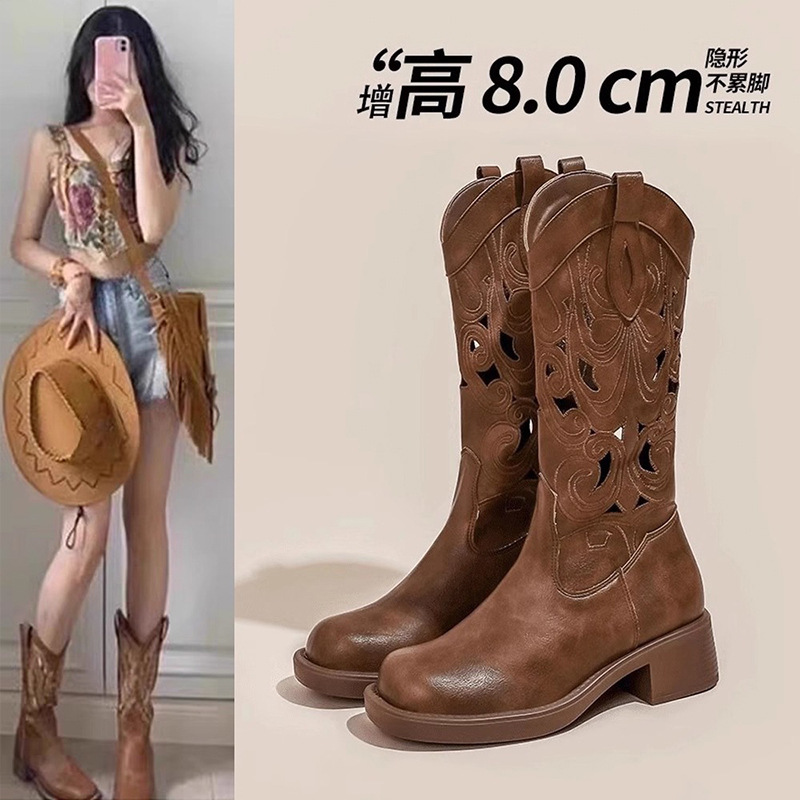 内增高粗跟西部牛仔靴女复古骑士靴春夏季薄款民族风镂空长筒靴子|undefined