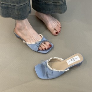 Fashionable Wedge Slippers Women's 2025 Summer New Bow Thick Heel Mid Heel Gentle Style Skirt Slippers
