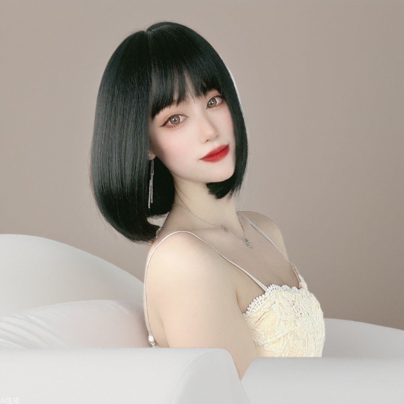 Peluca al por mayor de fábrica de pelo corto de las mujeres estilo coreano Air Bangs cabeza de Bobo cara esponjosa recorte peluca cabeza cubierta de una pieza entrega