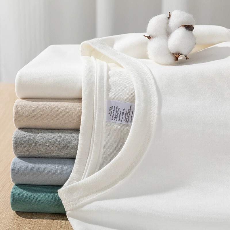 300g heavy cotton carbon brushed long-sleeved T-shirt solid color loose roll collar thick simple bottoming shirt for men and women