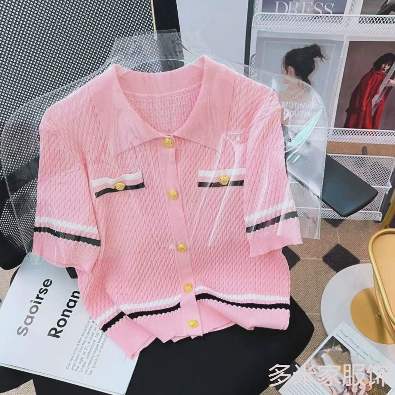 2024 Весна/Лето Новый полосатый топ с короткими рукавами и цветными блоками с милым отложным воротником, облегающий простой вязаный кардиган для женщин.