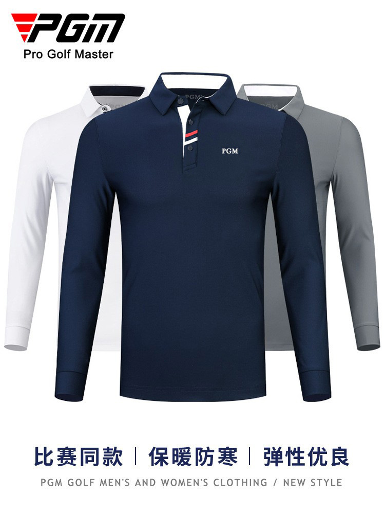 Áo polo nam dài tay PGM cổ bẻ, giữ ấm mùa thu đông, chất liệu cotton pha sợi — YF095 màu đen, YF445 màu xanh hải quân, YF095 màu cam, YF095 màu xanh hải quân