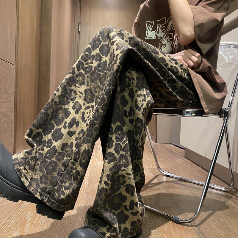 Vintage American Jeans estampado leopardo primavera hombre suelto rectas piernas anchas pantalones casuales juveniles de alta calidad