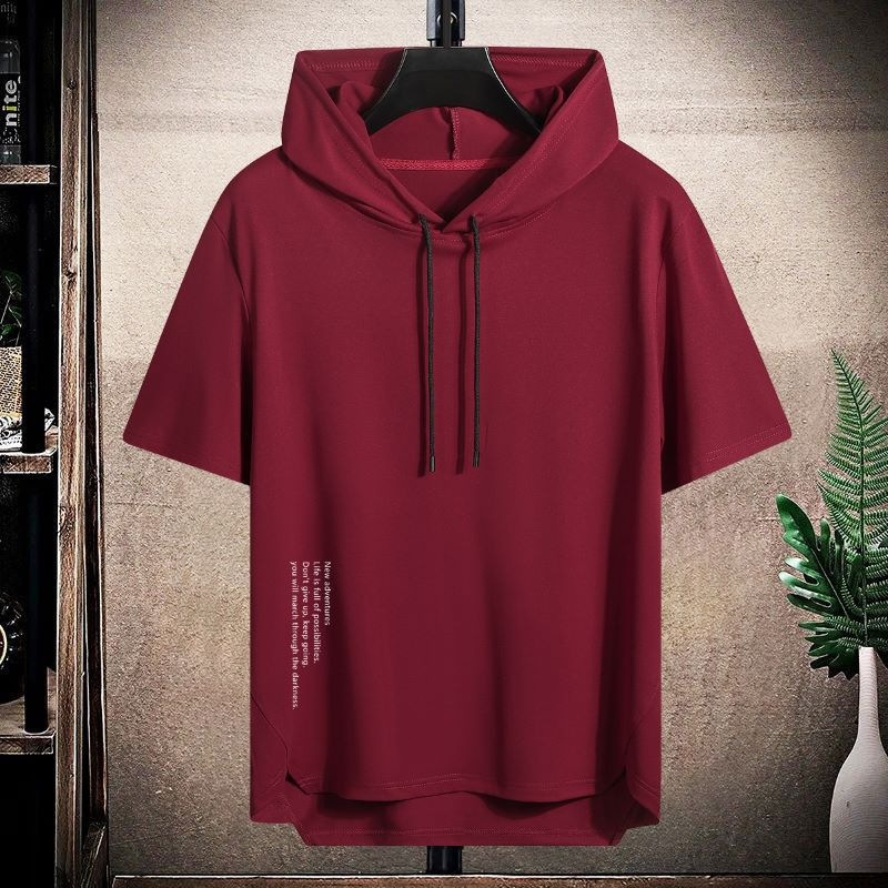 Solid Color Men's Hooded Short-Sleeved T-Shirt, Men's Summer Breathable Loose Hoodie, Trendy Men's Thin Pullover Half-Sleeve Sweatshirt