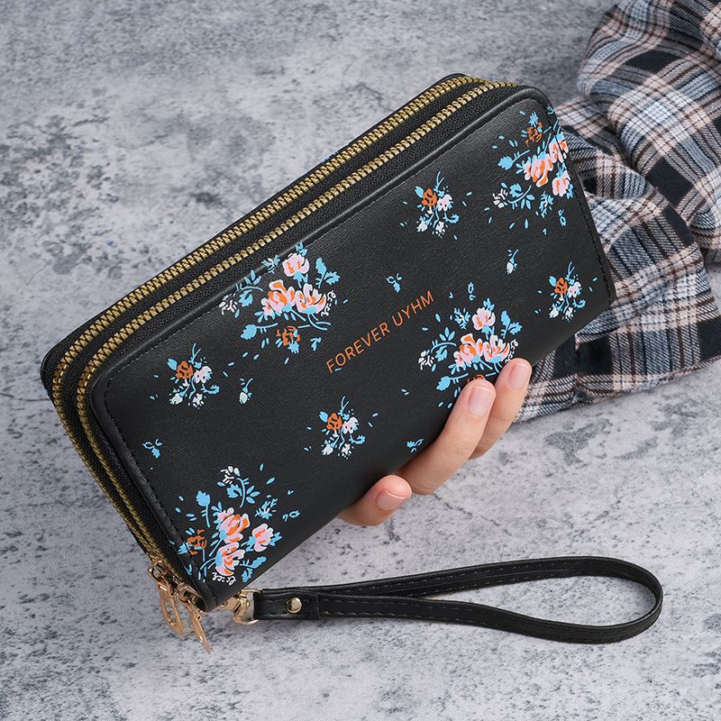 Nuevo estilo de mujer larga doble cremallera estilo coreano estudiantes flores de gran capacidad bolso de teléfono móvil bolso de mano bolso de cambio suave