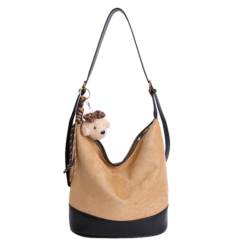 Invierno retro esmeriado bolso de balde de agua mujer 2025 nuevo estilo de alta calidad bolso de hombro de moda empalmado bolso de color contraste
