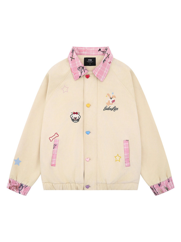 Hip-Hop American Plaid Splicing Puppy Embroidered Lapel Jacket for Men and Women Autum Preppy Style Loose Couple Jacket Trendy