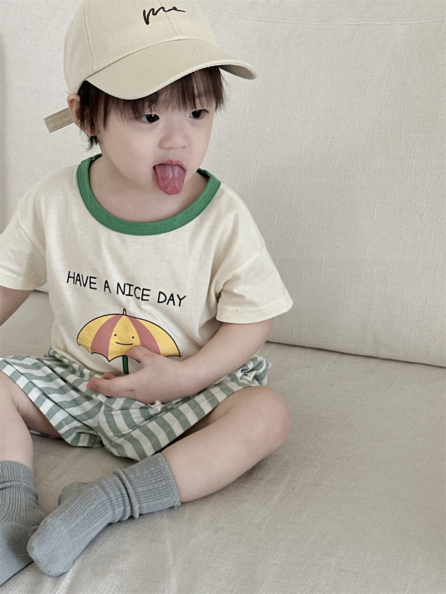 Niños camisetas de manga corta con pantalones cortos rayados, ropa de verano delgada coreana para niños, ropa de verano 2026 ropa de verano bebé image 3