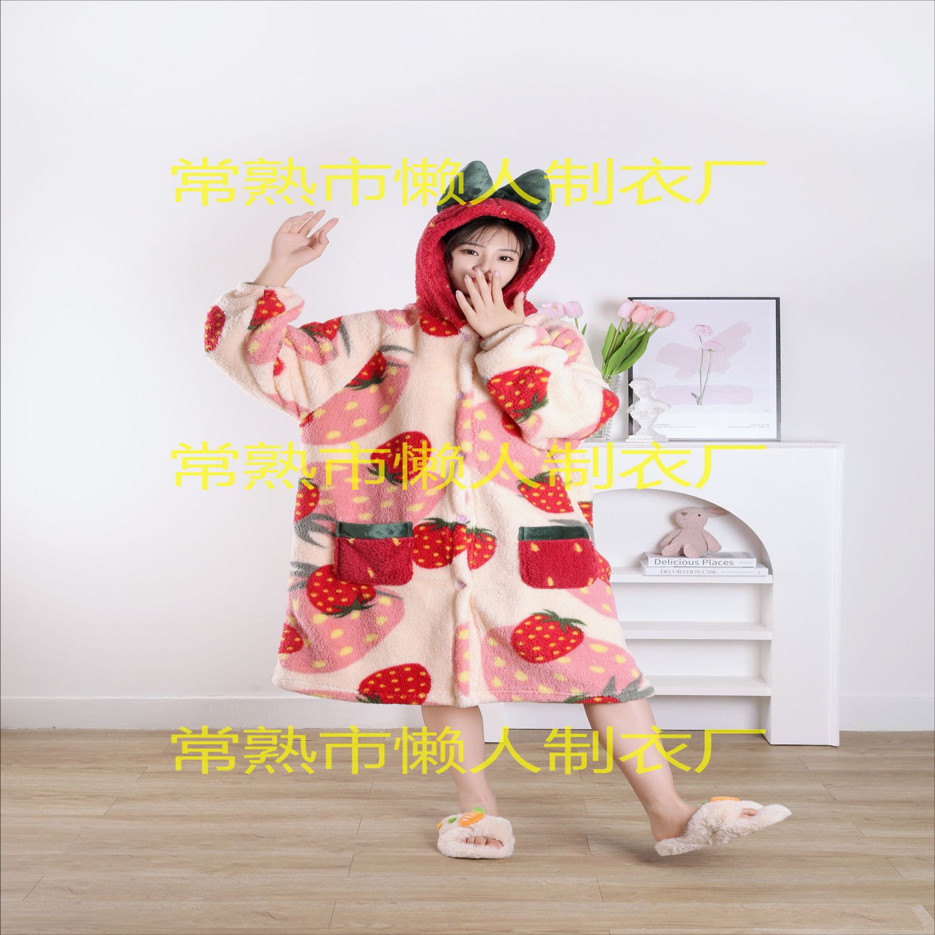 2023 nuevo coral vellón popular dulce fresa engrosada traje desgaste del hogar ventas directas de la fábrica una pieza