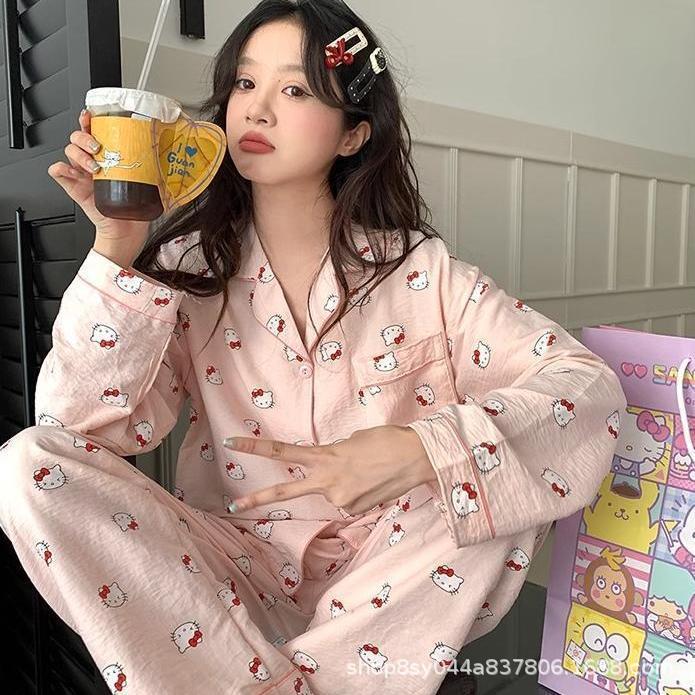 Dolce niña encantadora caricatura perro impresión pijama mujer primavera y otoño nuevo suelto pantalones largos de mangas largas set de ropa para el hogar