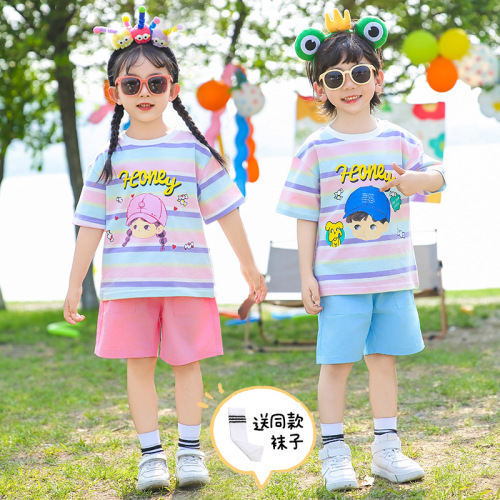 男女儿童装夏季薄款条纹套装2024短袖班服园服针织上衣短裤两件套
