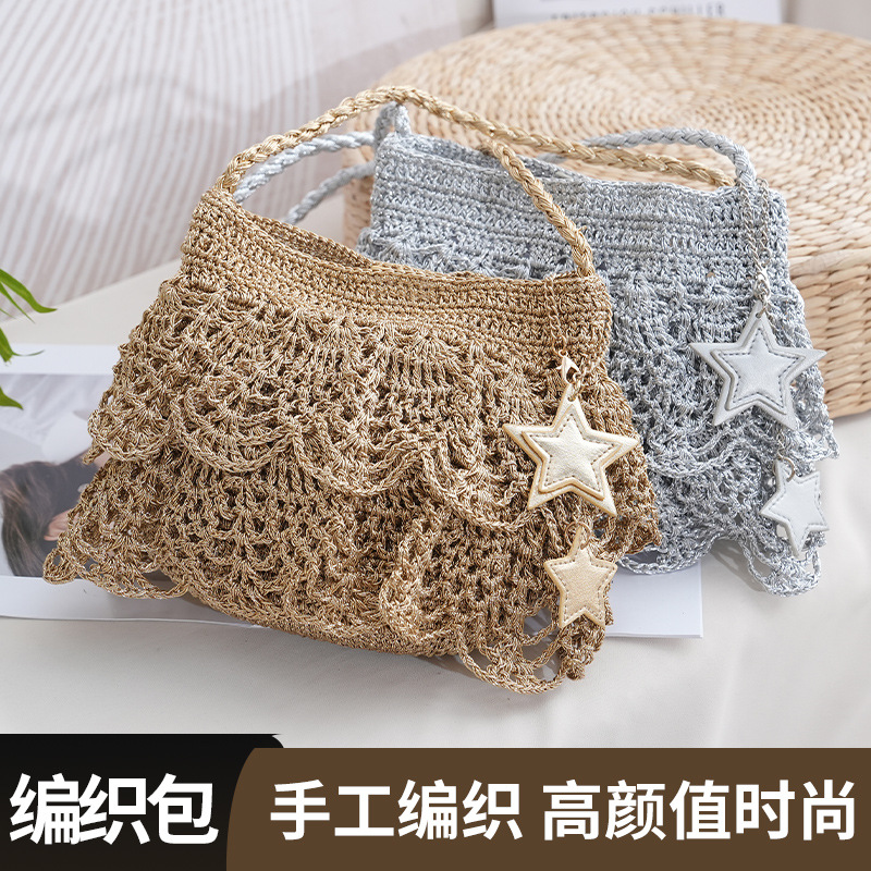 新款金丝线镂空编织包拉绳网包单肩手工日常海边沙滩包单肩包批发