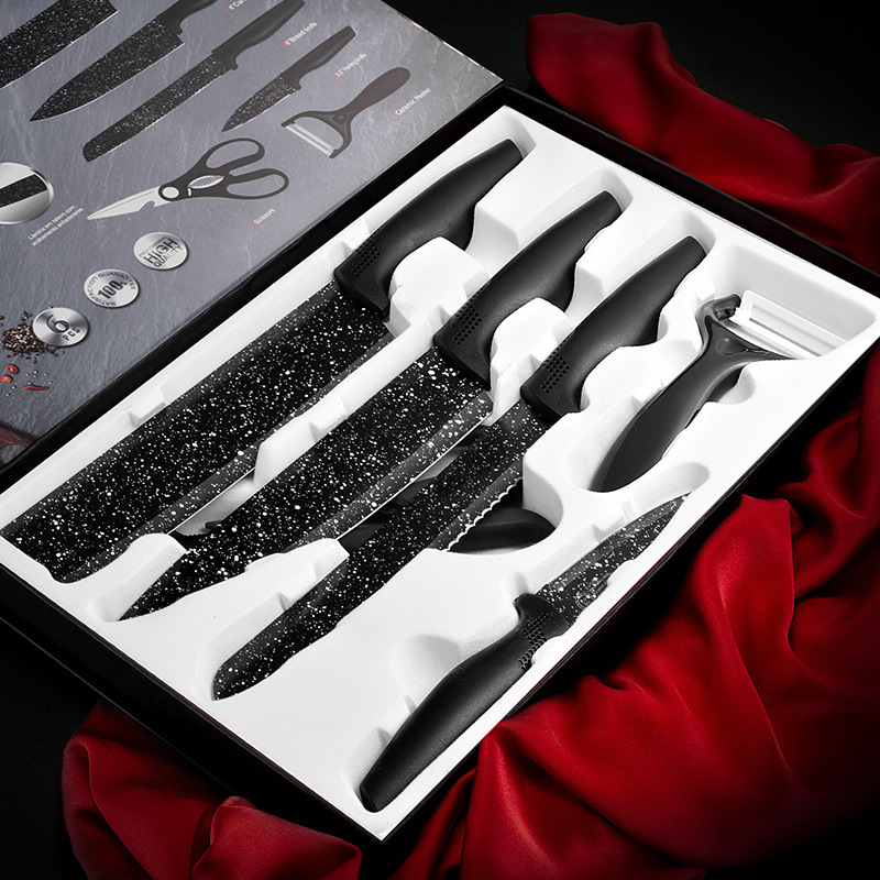 刀具套装不锈钢菜刀 黑白点6件礼品套刀黑膜不粘刀厨房刀具切菜刀|ru