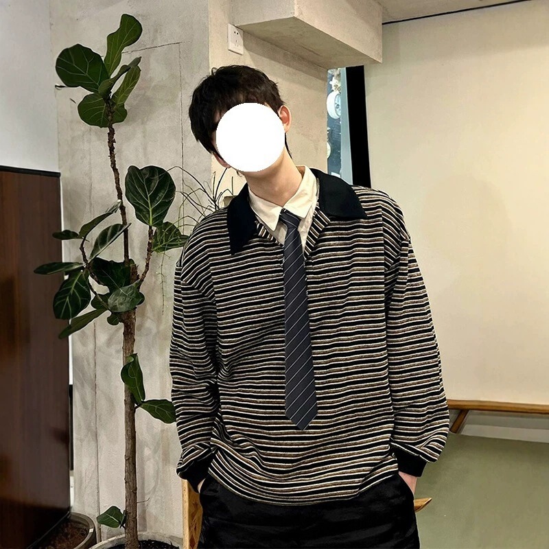 Fake two-piece striped polo shirt sweatshirt for men and women, spring and autumn American retro loose-fit casual couple's outerwear top Fake two-piece striped polo shirt sweatshirt for men and women, spring and autumn American retro loose-fit casual couple's outerwear top